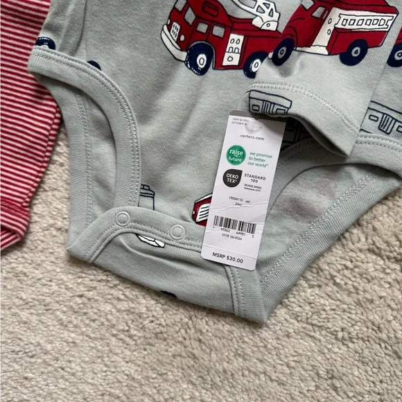 Carter's Fire Truck and Stripes Bodysuits - Red, Blue, White - Picture 2 of 2